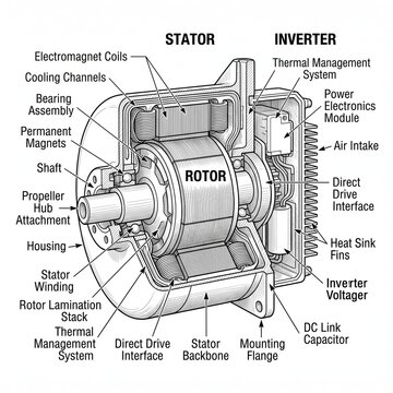 Creative Electric motor components, industrial technology, stator rotor diagram, technical illustration, mechanical engineering 2k