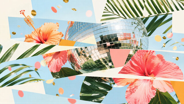 Artistic summer party collage with tropical hibiscus flower, palm leaf and disco ball. Creative vibrant background for music festival, vacation advertisement and holiday celebration.
