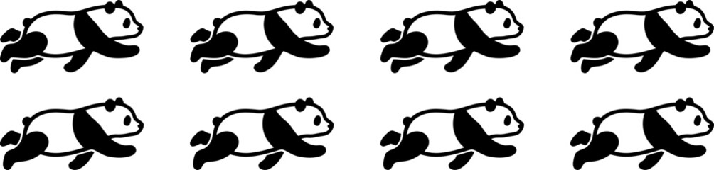 Set of black silhouette panda bear icons in various dynamic running poses isolated on clean white background © Vecto_Pixels