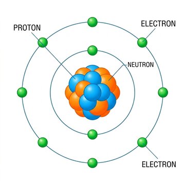 Creative Atomic structure diagram, atom model, protons, neutrons, electrons, science illustration 2k