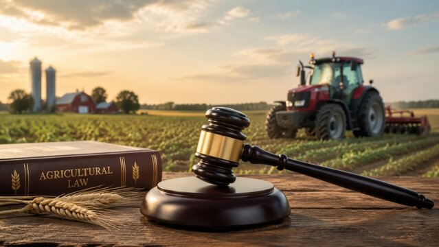 Gavel and agricultural law book on farmland with tractor