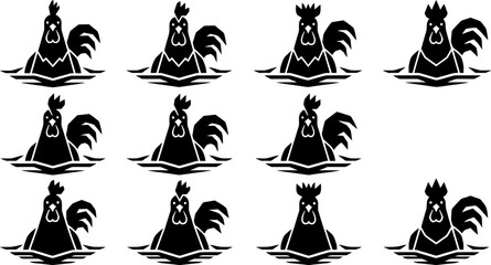 Set of black rooster silhouettes standing in water for farm and agricultural graphic design or logo development © Vecto_Pixels