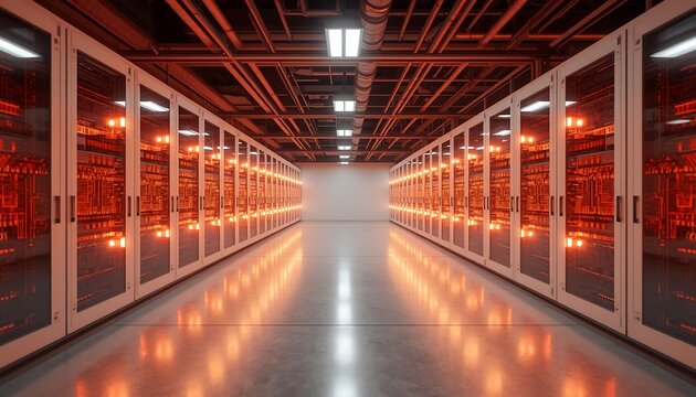 An endless aisle of server racks with glowing orange lights, extending into the distance, creating a futuristic and expansive view of a data center.