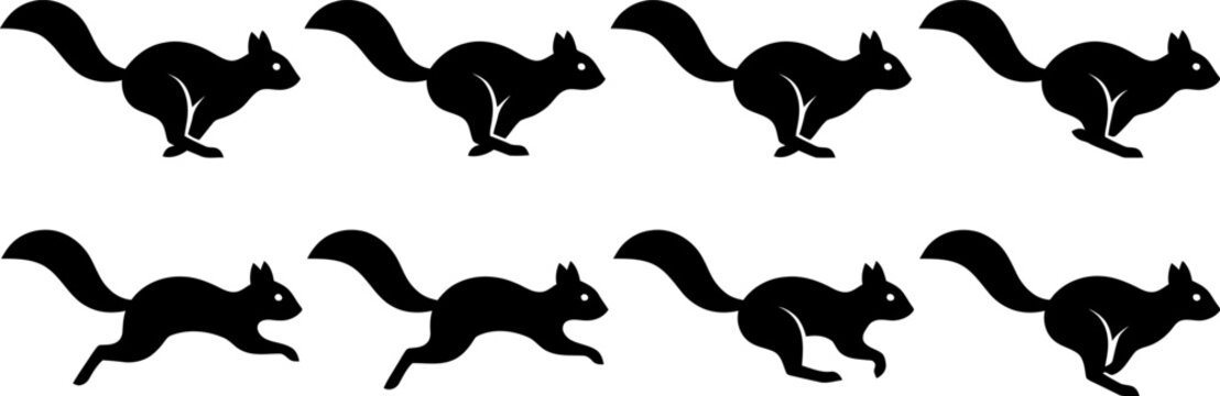Set of eight isolated black silhouette illustrations of squirrels jumping and running in dynamic postures