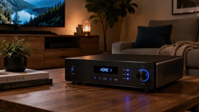 Audio amplifier powered on placed on living room coffee table