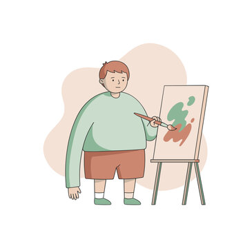 Calm child pauses between brushstrokes on a canvas while colors settle and the space remains open  scene of child painting on a