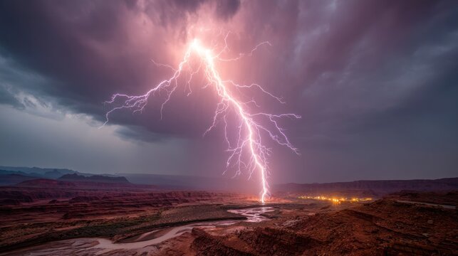 Dramatic Lightning Strike Over Desert Canyon at Dusk