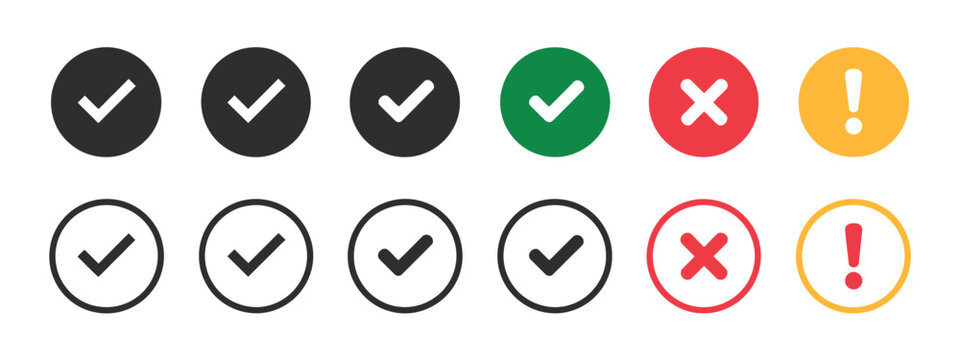Status icon set showing success, error, and warning indicators with check mark, cross, and exclamation symbols for interface feedback