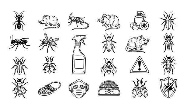 Hand Drawn Pest Control Doodle Icon Set with Insects Rodents and Extermination Tools Sketch Style