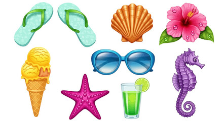 Summer vacation icons, beach and leisure symbols, tropical getaway concept © Alien