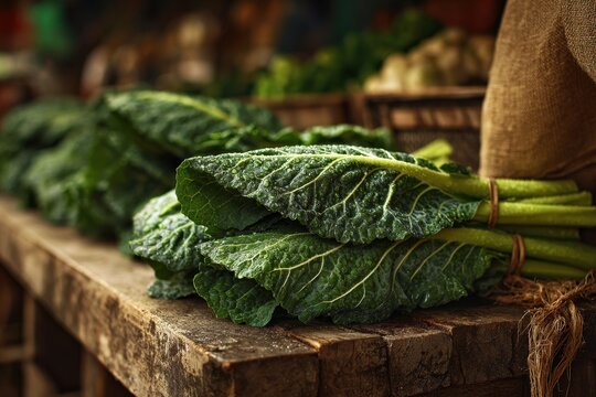 Vibrant gai lan greens displayed on a rustic wooden crate in natural light