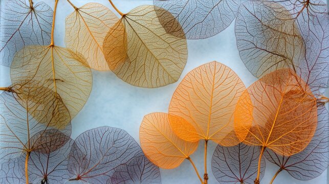 Colored Transparent Leaves Arrangement on Light Blue Background
