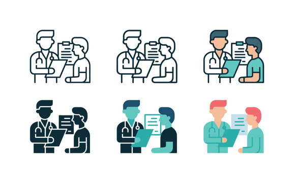 Doctor-patient consultation illustration depicting a medical professional reviewing charts and forms with a patient, repeated six