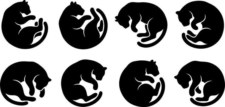 Collection of black panther silhouettes in various sleeping and curled up resting positions