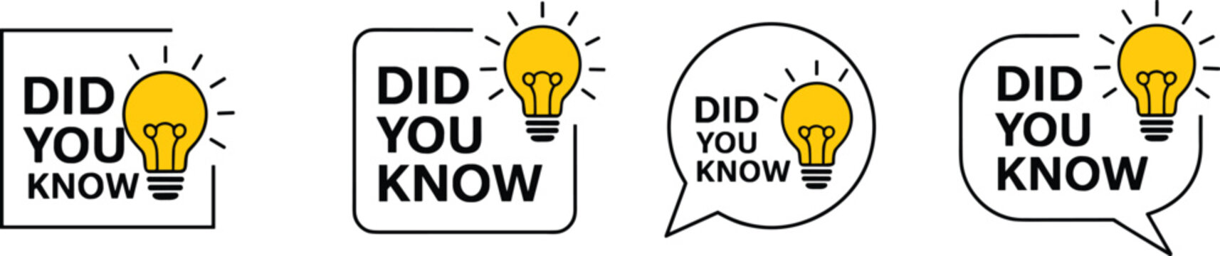 Did you know text speech bubble banners with light bulb icons, trivia fun facts marketing labels, quiz question template