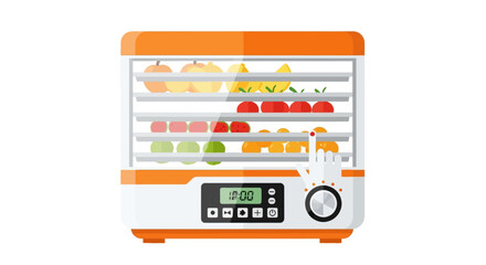 Obraz premium Modern Electric Food Dehydrator with Sliced Fruits on Trays Vector Illustration for Healthy Living, Food Preservation, and Dehydrated Snack Preparation.