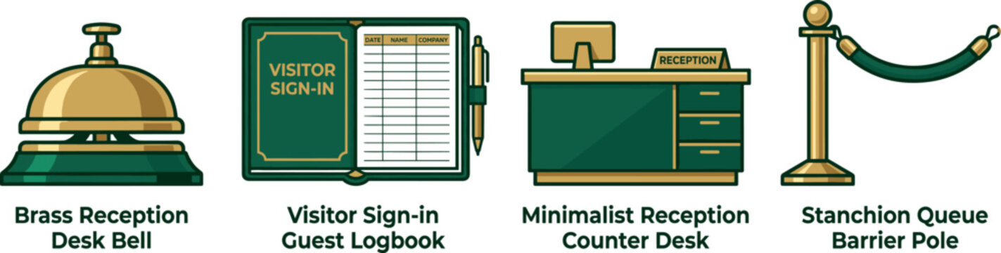 Brass reception desk bell visitor sign in guest logbook minimalist counter desk stanchion queue barrier pole office.