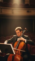 Fototapeta premium Solo Cellist Performing in an Elegant Concert Hall with Dramatic Lighting