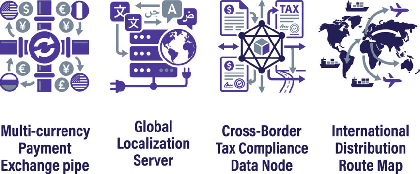 Multi currency payment exchange pipe global localization server cross border tax compliance data node international distribution route map.