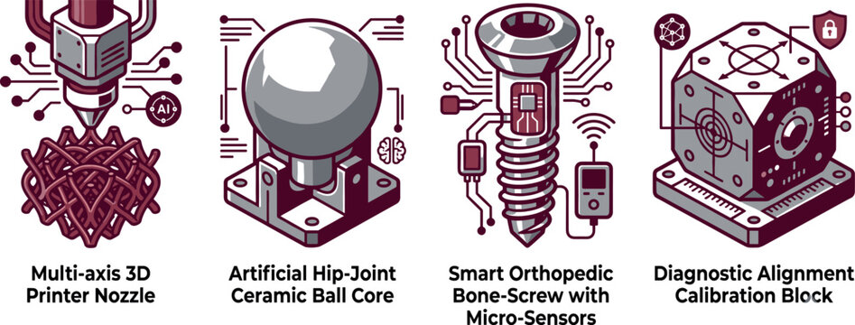 Multi axis 3D printer nozzle artificial hip joint ceramic ball core smart orthopedic bone screw diagnostic alignment calibration block.