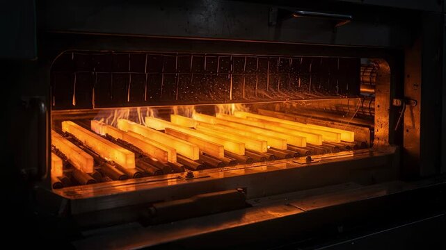 Medium shot of knife blades undergoing hardening in a belt furnace with glowing heat showcasing continuous hightemperature processing for edge durability