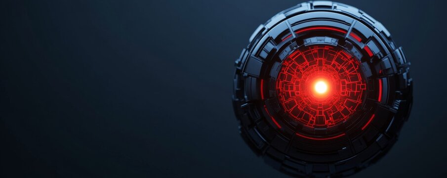 Dark, off-center view Futuristic mechanical sphere, an AI core with intense red glow and intricate circuitry, embodying advanced tech.,AI ,Cyberpunk