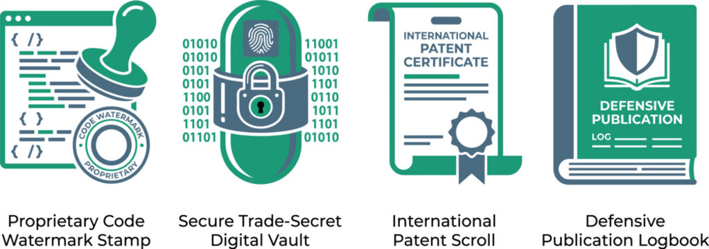 Proprietary code watermark stamp, secure trade-secret digital vault, international patent scroll, defensive publication logbook.