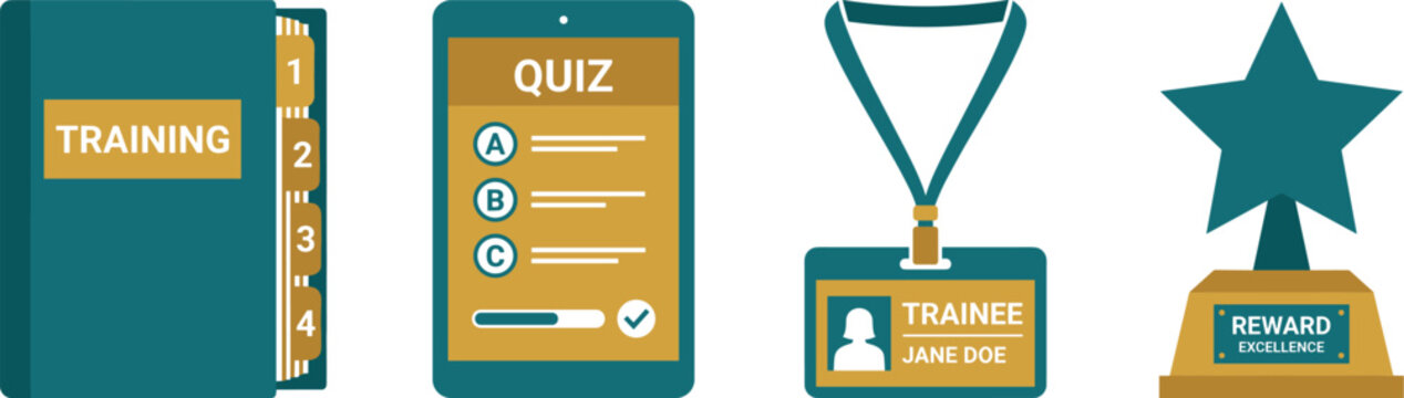 Training course book quiz application trainee identification badge and reward trophy excellence achievement education.