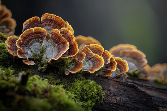 Intricate patterns of turkey tail on a decomposing log in a moist forest setting
