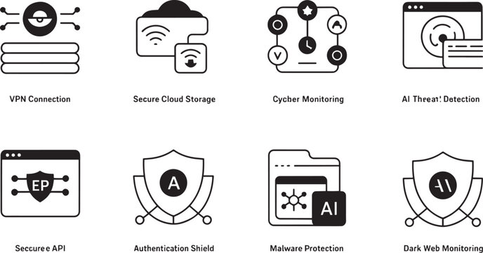 Advanced cybersecurity dashboard line art icons set for network safety data protection and threat monitoring