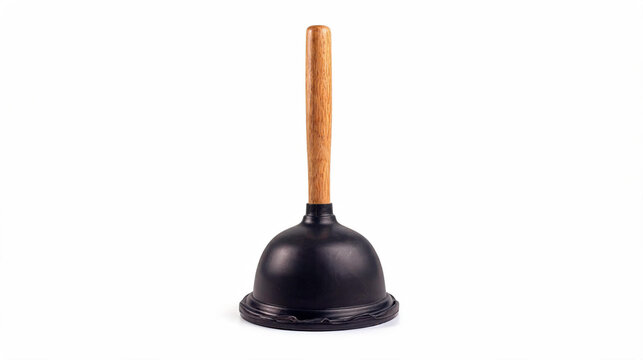 Rubber plunger with wooden handle, white background. Toilet plunger, drain unblocker, bathroom suction pump, plumbing tool, pipe cleaner, clog remover, housekeeping.