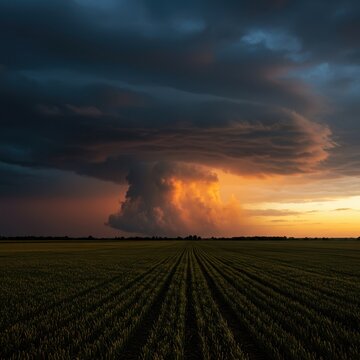 A massive swirling funnel cloud devastates wide agricultural plains under a deeply intense, dramatic sunset sky, illustrating destructive natural power, season, dusk, orange