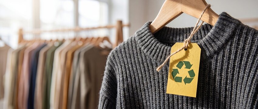 Sustainable apparel concept with grey ribbed sweater and yellow recycling tag on wooden hanger rack