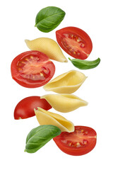 Naklejka premium Falling pasta with tomato and basil isolated composition