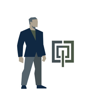 Individual standing beside a reduced mindset symbol composed of few essential forms, expressing internalized professional attitude