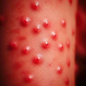 Close-up view of irritated, inflamed skin displaying widespread hives and angry redness caused by a severe allergic reaction, redness, immunity, sensitivity