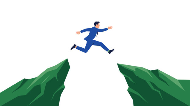 Ambitious Businessman Leap. Businessman in blue suit jumping across a mountain gap on white background ideal for career growth concepts and perfect for business risk management presentations.