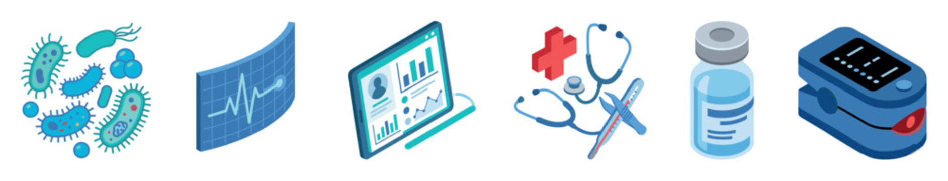 Medical equipment and health monitoring tools including bacteria, heart rate monitor, tablet, stethoscope, thermometer, vaccine vial, and pulse oximeter