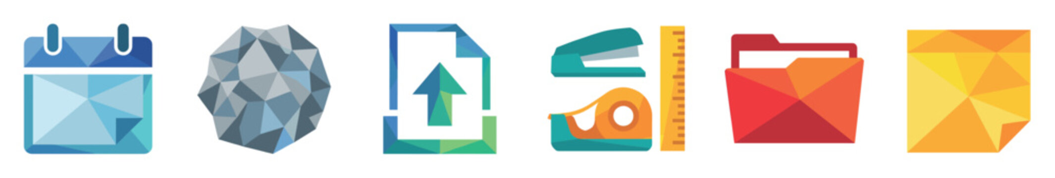 Colorful geometric polygon style icons representing office supplies and business concepts