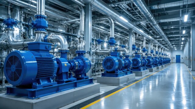 Industrial pumps operating in lined mechanical plant corridor