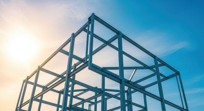 Minimalist steel framework against a bright sky, symbolizing future growth, planning, construction potential, and architectural design, minimalism, Empty, conceptual