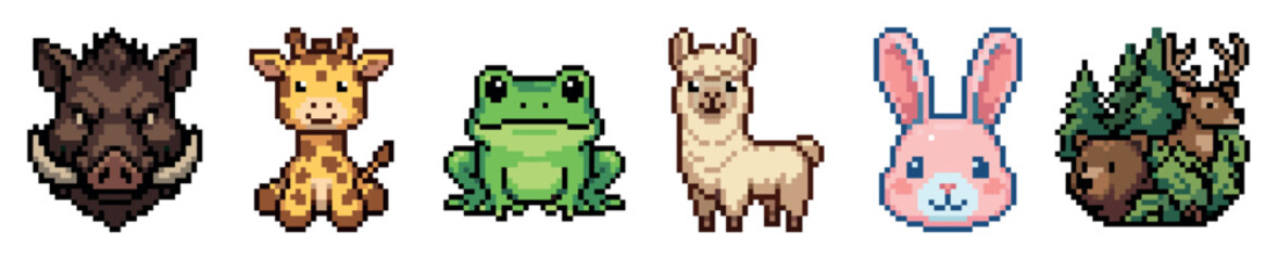 Obraz premium Cute pixel art animals including a wild boar, giraffe, frog, llama, rabbit, bear, and deer