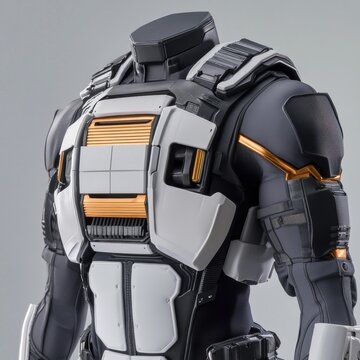 High-detail close-up Futuristic tactical exosuit torso in dark grey, white and gold, showcasing advanced modular sci-fi armor. ,Robotics, Prototype
