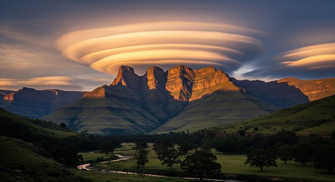 Spectacular sunset view of high green mountains with unusual multi-layered lenticular clouds shaped like giant UFO spaceships hovering above the peaks