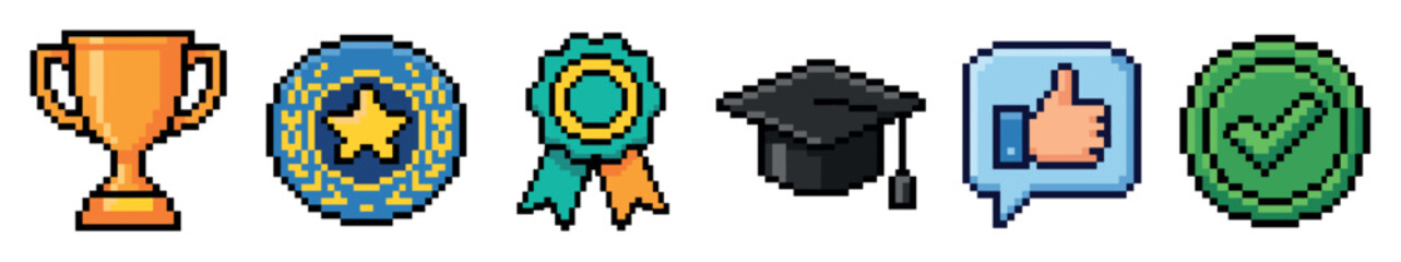 Fototapeta premium Pixel art set of achievement icons including a trophy, star badge, ribbon, graduation cap, thumbs up, and checkmark
