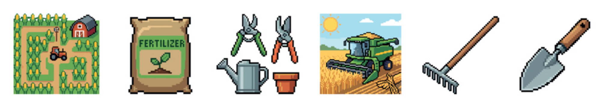 Pixel art collection of farming and gardening tools including a tractor, combine harvester, fertilizer, and various implements