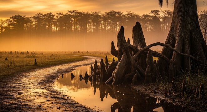 Misty swamp sunrise with prominent tree roots and winding creek