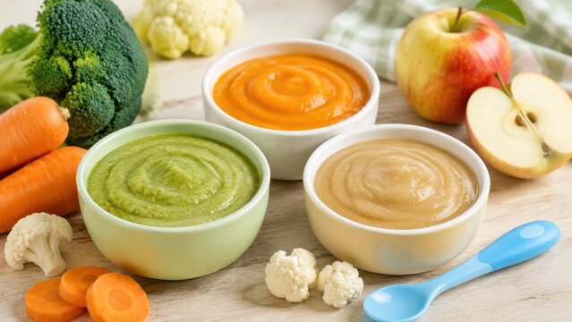 Three bowls of pureed baby food with fruits and vegetables