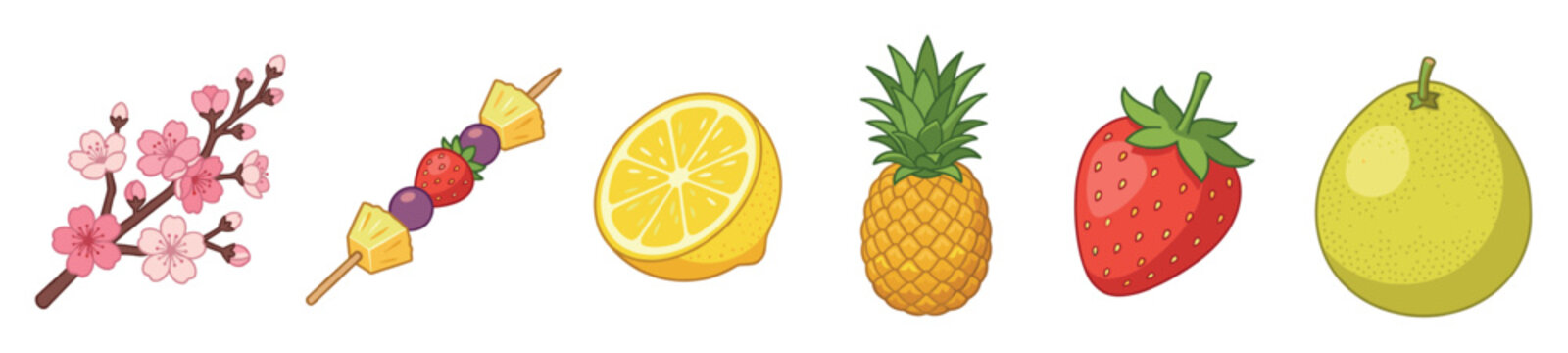 Cherry blossoms, fruit skewer, lemon, pineapple, strawberry, and pomelo vector illustration set