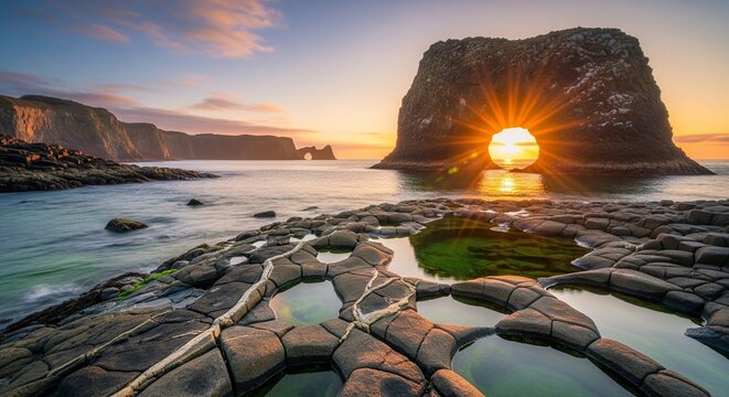 Natural stone arch over the ocean with sunburst at sunrise